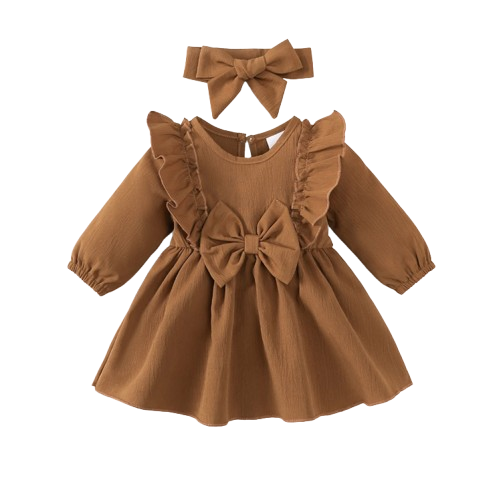 The Mariah - Baby Girl Brown Ruffled Edges and Bow Long Sleeved Dress + Headband