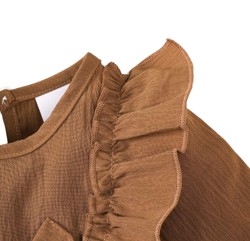 The Mariah - Baby Girl Brown Ruffled Edges and Bow Long Sleeved Dress + Headband