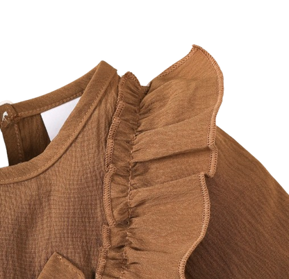 The Mariah - Baby Girl Brown Ruffled Edges and Bow Long Sleeved Dress + Headband