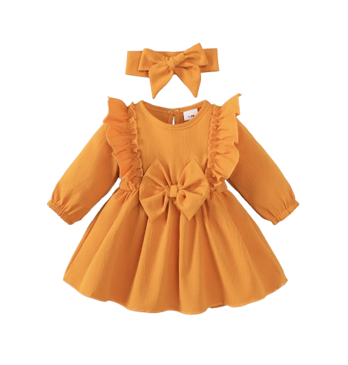 The Mariah - Baby Girl Yellow Ruffled Edges and Bow Long Sleeved Dress + Headband
