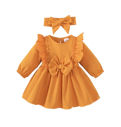 The Mariah - Baby Girl Yellow Ruffled Edges and Bow Long Sleeved Dress + Headband