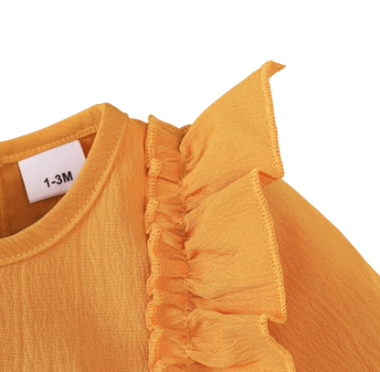 The Mariah - Baby Girl Yellow Ruffled Edges and Bow Long Sleeved Dress + Headband