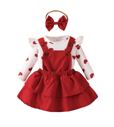 The Helena - Baby Girl Red Romper Suspender Skirt With Sweet Headband