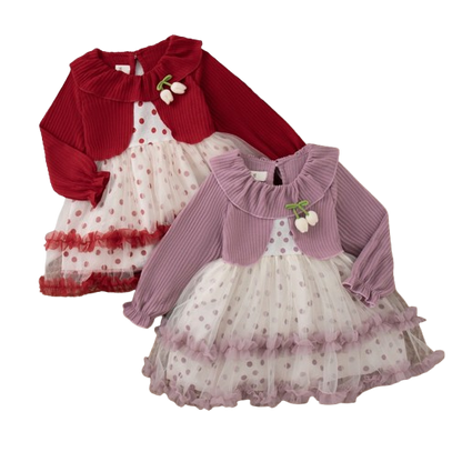 The Wynter - Baby Girl Red Knit Long Sleeve Dress Red Polka Dot Print Mesh with Bow