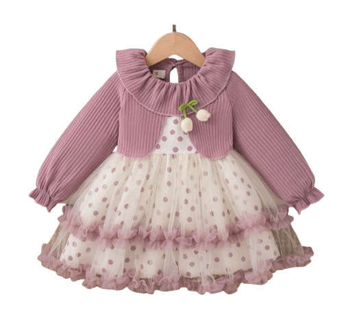 The Wynter - Baby Girl Purple Knit Long Sleeve Dress Red Polka Dot Print Mesh with Bow