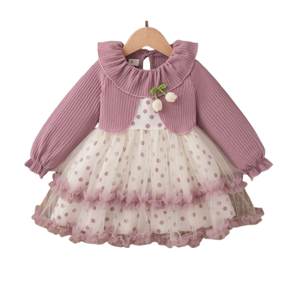 The Wynter - Baby Girl Purple Knit Long Sleeve Dress Red Polka Dot Print Mesh with Bow