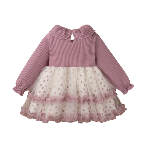 The Wynter - Baby Girl Purple Knit Long Sleeve Dress Red Polka Dot Print Mesh with Bow