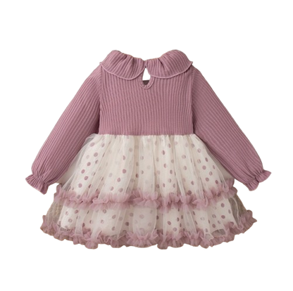 The Wynter - Baby Girl Purple Knit Long Sleeve Dress Red Polka Dot Print Mesh with Bow