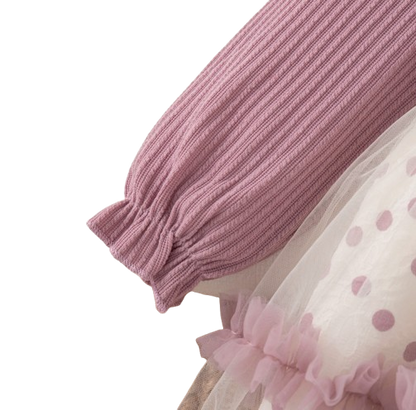 The Wynter - Baby Girl Purple Knit Long Sleeve Dress Red Polka Dot Print Mesh with Bow