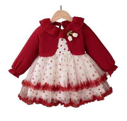 The Wynter - Baby Girl Red Knit Long Sleeve Dress Red Polka Dot Print Mesh with Bow