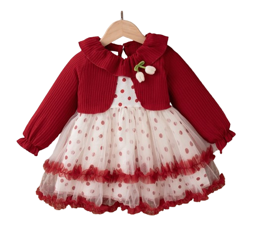 The Wynter - Baby Girl Red Knit Long Sleeve Dress Red Polka Dot Print Mesh with Bow