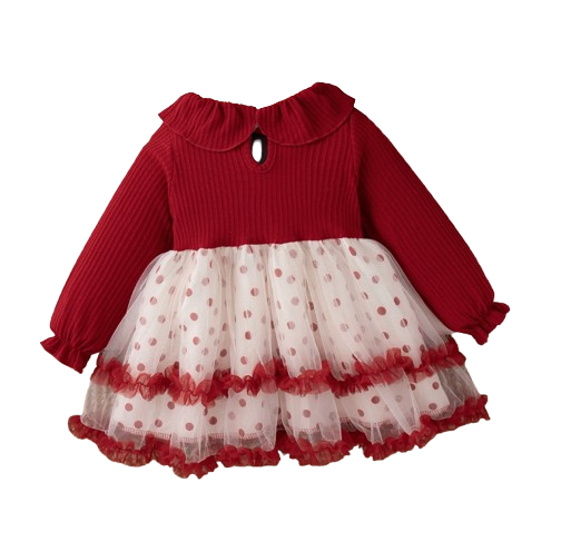The Wynter - Baby Girl Red Knit Long Sleeve Dress Red Polka Dot Print Mesh with Bow