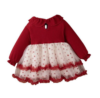 The Wynter - Baby Girl Red Knit Long Sleeve Dress Red Polka Dot Print Mesh with Bow