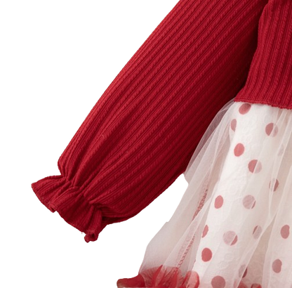 The Wynter - Baby Girl Red Knit Long Sleeve Dress Red Polka Dot Print Mesh with Bow