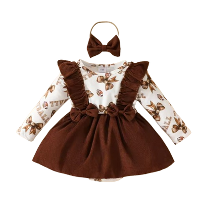 The Elisa - Baby Girl Brown Dress Ruffled Bow Corduroy Long Sleeved Dress + Headband