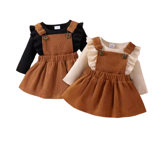 The Alicia - Baby Girl Fashionable Long-Sleeved Suit + Coffee Strap Skirt