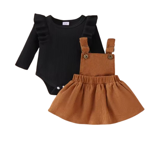 The Alicia - Baby Girl Fashionable Long-Sleeved Suit + Coffee Strap Skirt