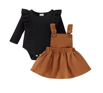 The Alicia - Baby Girl Fashionable Long-Sleeved Suit + Coffee Strap Skirt