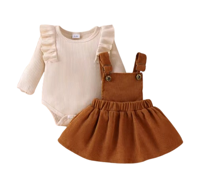 The Alicia - Baby Girl Fashionable Long-Sleeved Suit + Coffee Strap Skirt