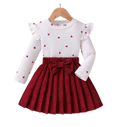 The Elle - Baby Girl Old Sweet And Lovely Red Love Pattern Top + Red Pleated Short Skirt With Bow Set