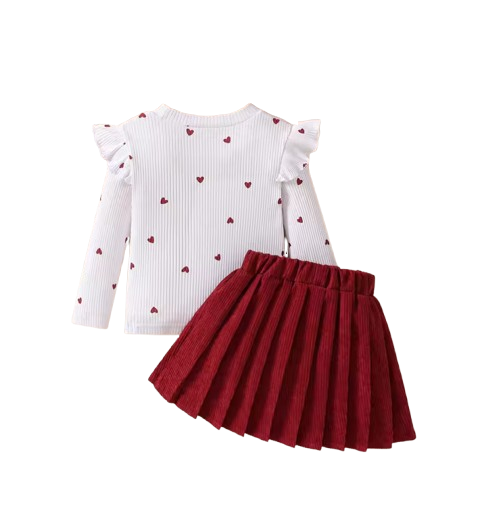 The Elle - Baby Girl Old Sweet And Lovely Red Love Pattern Top + Red Pleated Short Skirt With Bow Set