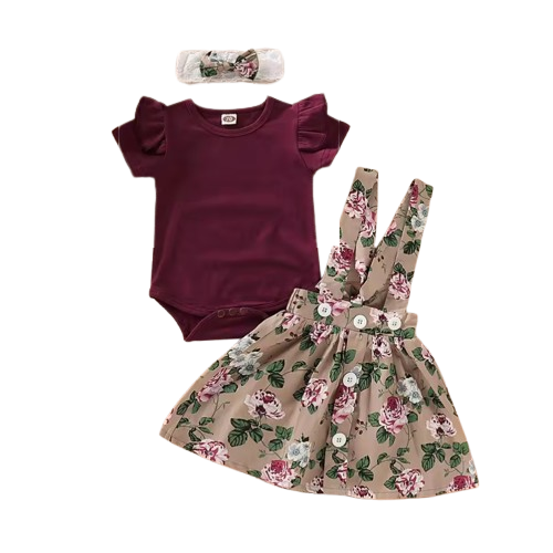 The Xiomara - Baby Girl Short Sleeve Romper + Suspender Skirt + Headband