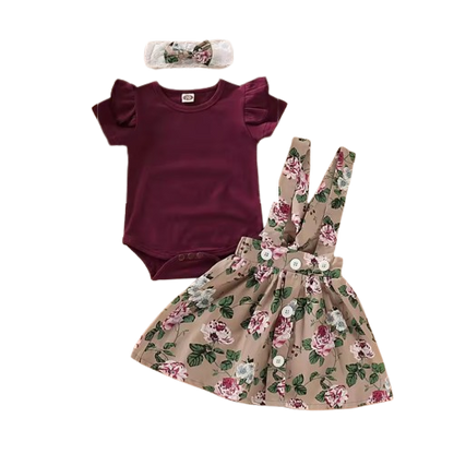 The Xiomara - Baby Girl Short Sleeve Romper + Suspender Skirt + Headband