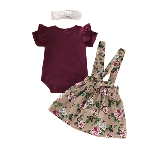 The Xiomara - Baby Girl Short Sleeve Romper + Suspender Skirt + Headband