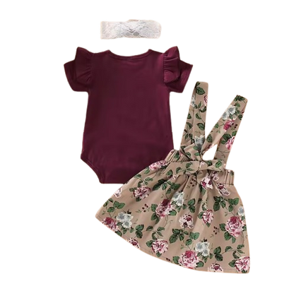 The Xiomara - Baby Girl Short Sleeve Romper + Suspender Skirt + Headband