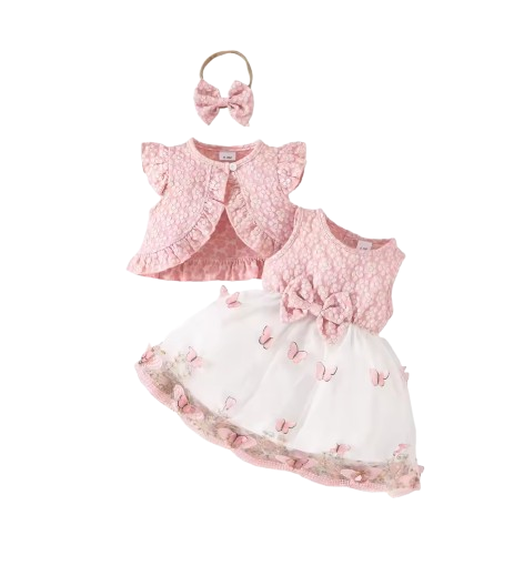 The Madilyn - Baby Girl Pink Long Sleeve Ruffles Bow Butterfly Party Dress