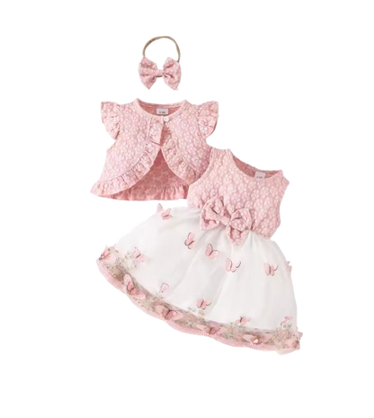 The Madilyn - Baby Girl Pink Long Sleeve Ruffles Bow Butterfly Party Dress