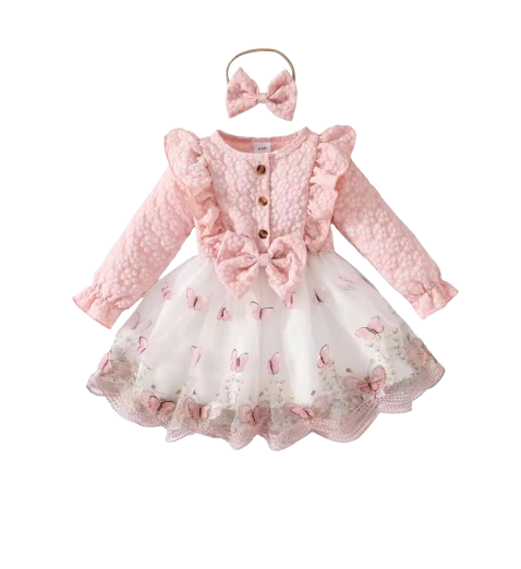 The Madilyn - Baby Girl Pink Long Sleeve Ruffles Bow Butterfly Party Dress