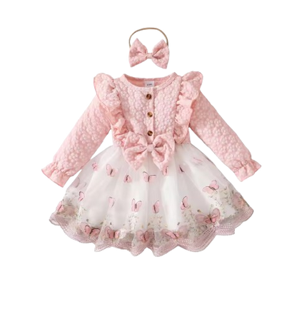 The Madilyn - Baby Girl Pink Long Sleeve Ruffles Bow Butterfly Party Dress