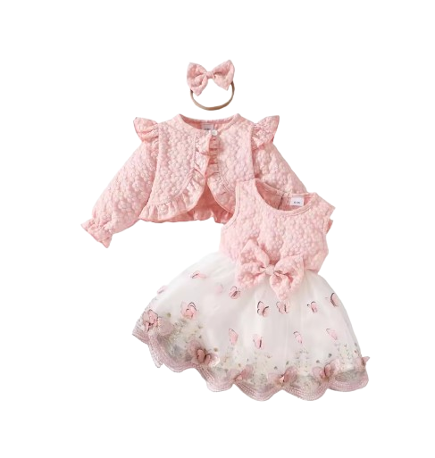The Madilyn - Baby Girl Pink Long Sleeve Ruffles Bow Butterfly Party Dress