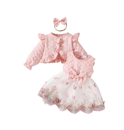 The Madilyn - Baby Girl Pink Long Sleeve Ruffles Bow Butterfly Party Dress