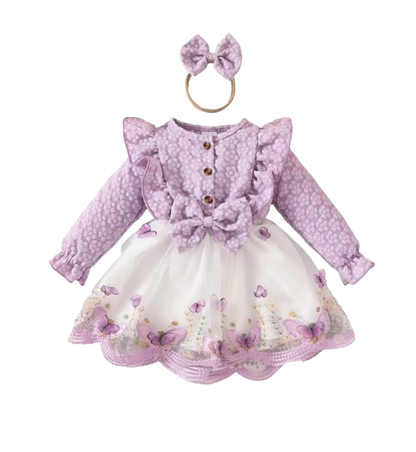The Madilyn - Baby Girl Purple Long Sleeve Ruffles Bow Butterfly Party Dress