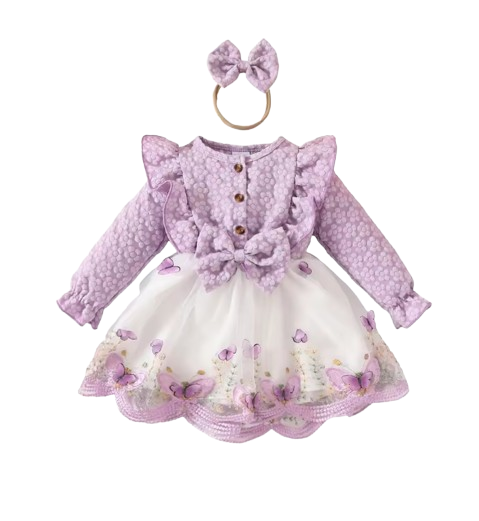 The Madilyn - Baby Girl Purple Long Sleeve Ruffles Bow Butterfly Party Dress