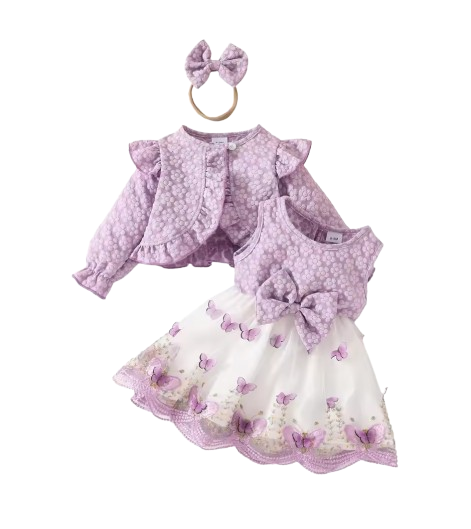 The Madilyn - Baby Girl Purple Long Sleeve Ruffles Bow Butterfly Party Dress