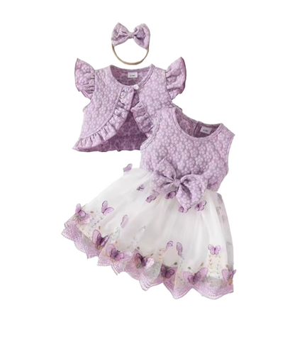 The Madilyn - Baby Girl Purple Long Sleeve Ruffles Bow Butterfly Party Dress