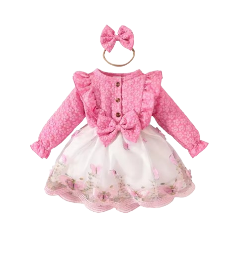 The Madilyn - Baby Girl Pink Long Sleeve Ruffles Bow Butterfly Party Dress