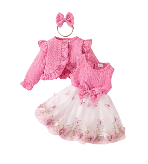 The Madilyn - Baby Girl Pink Long Sleeve Ruffles Bow Butterfly Party Dress