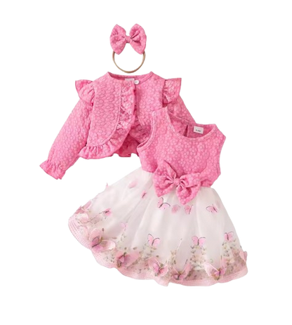 The Madilyn - Baby Girl Pink Long Sleeve Ruffles Bow Butterfly Party Dress