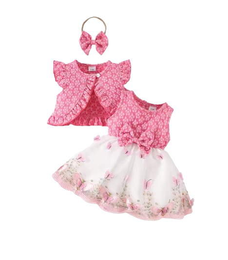 The Madilyn - Baby Girl Pink Long Sleeve Ruffles Bow Butterfly Party Dress