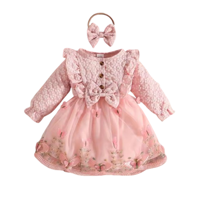 The Madilyn - Baby Girl Pink Long Sleeve Ruffles Bow Butterfly Party Dress