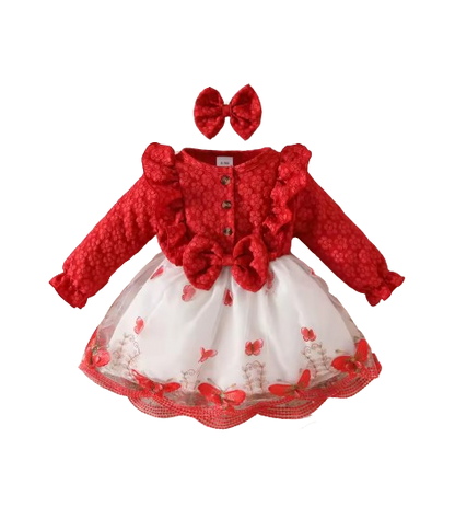 The Madilyn - Baby Girl Red Long Sleeve Ruffles Bow Butterfly Party Dress