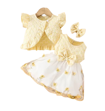 The Madilyn - Baby Girl Yellow & Gray Long Sleeve Ruffles Bow Butterfly Party Dress