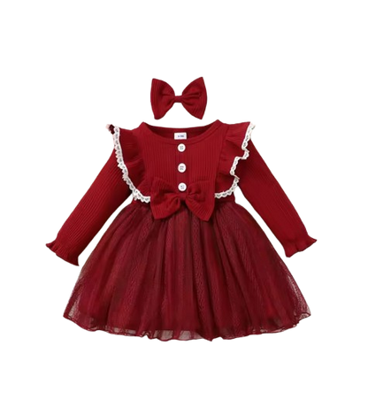 The Michelle - Baby Girl Romantic Mesh Splicing Pit Bar Round Neck Ruffle Lace Dress