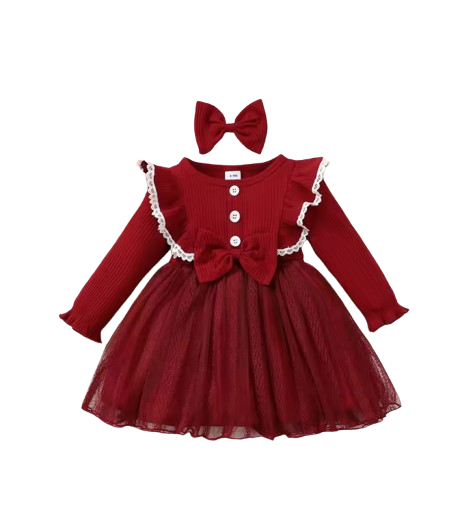 The Michelle - Baby Girl Romantic Mesh Splicing Pit Bar Round Neck Ruffle Lace Dress