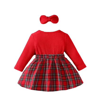 The Gracelyn - Baby Girl Plaid Dress Set with Bow Headband Ruffle Sleeve Ribbed Top