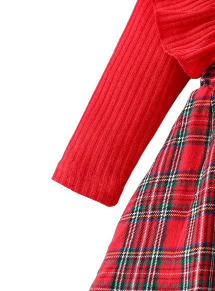 The Gracelyn - Baby Girl Plaid Dress Set with Bow Headband Ruffle Sleeve Ribbed Top